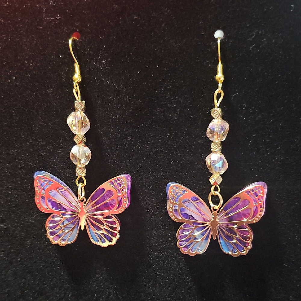 💜2 For $10💜 Butterfly Drop Earrings in Pink and Purple - Gold Tone